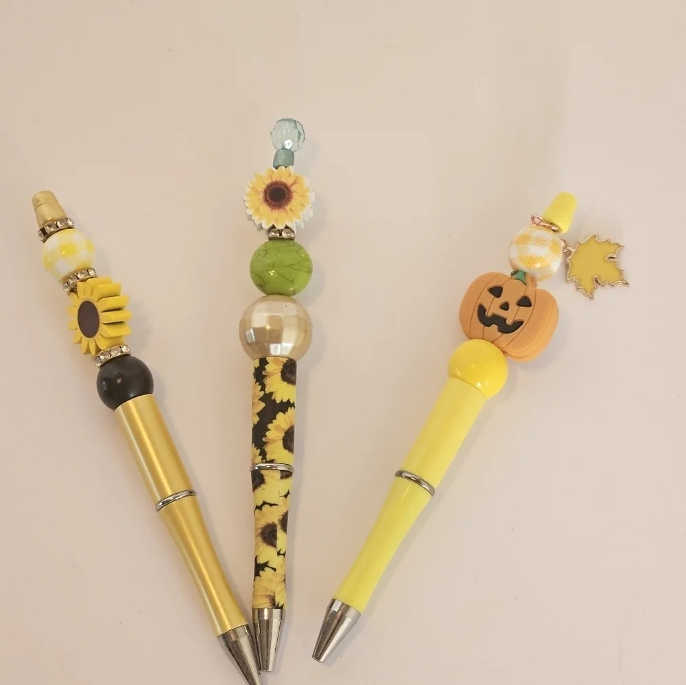Hand Crafted Halloween Pens Fall & Floral Beaded Set of 3 Ballpoint Black Ink 6